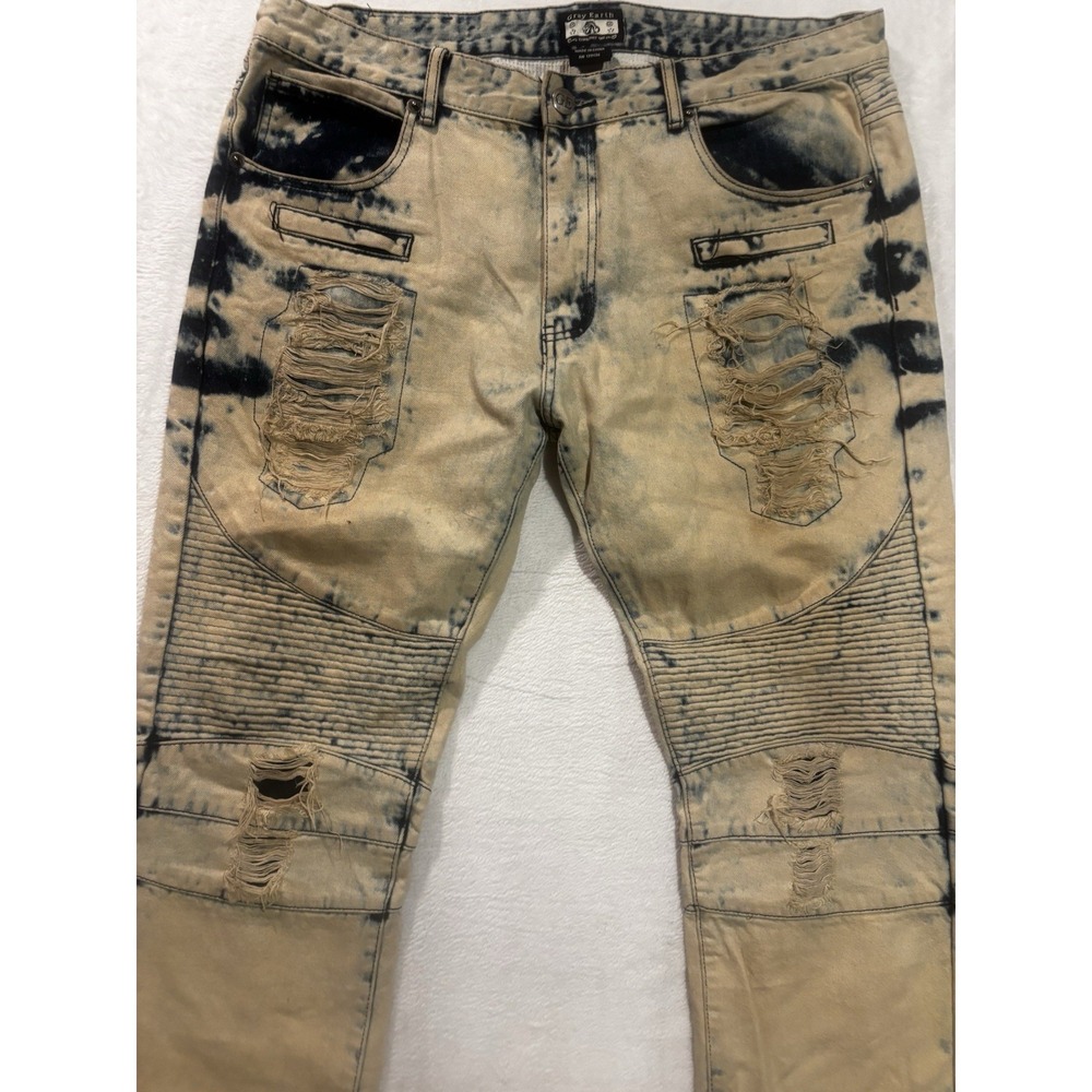 Gray Earth Men Y2K Distressed Moto Jeans Acid Wash Biker Denim‎ Pants Size 38x34